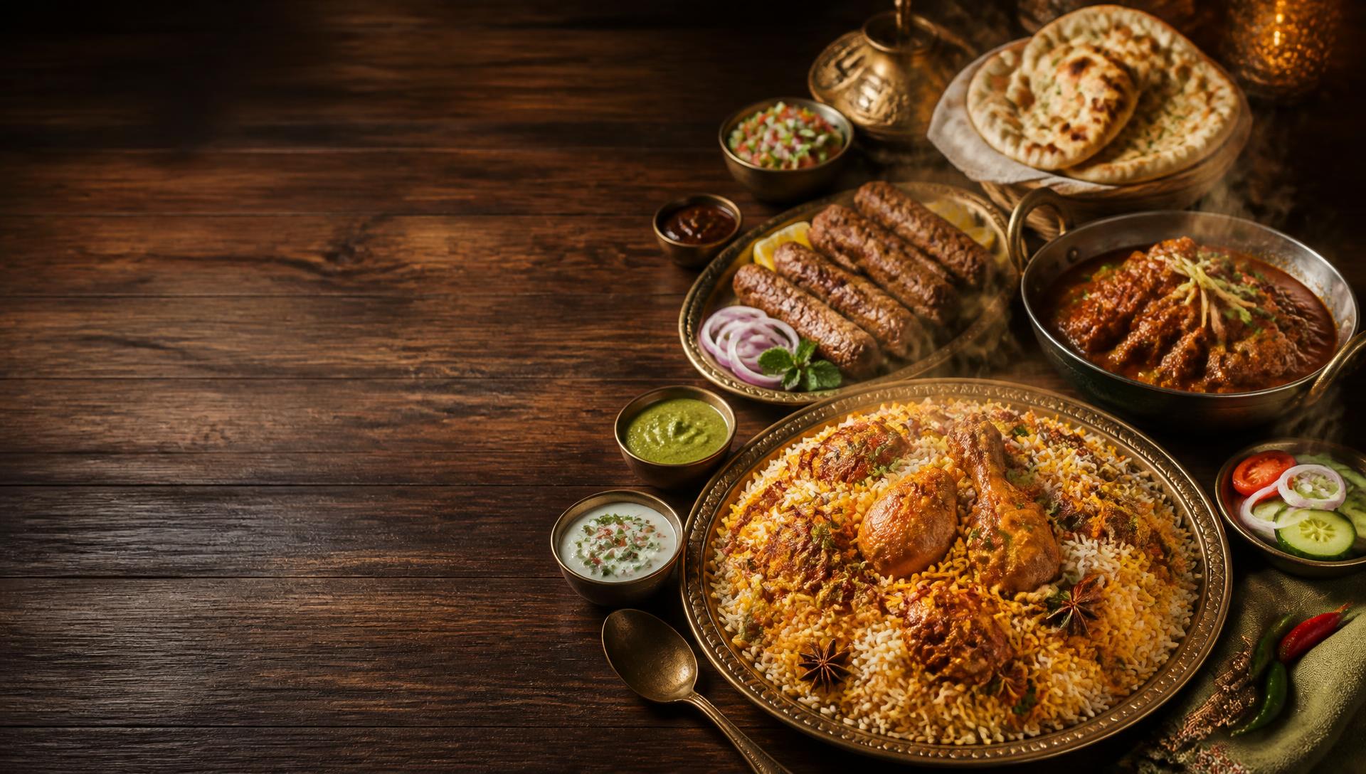 Chicken biryani, seekh kebabs, karahi and fresh naan laid out on a wooden table